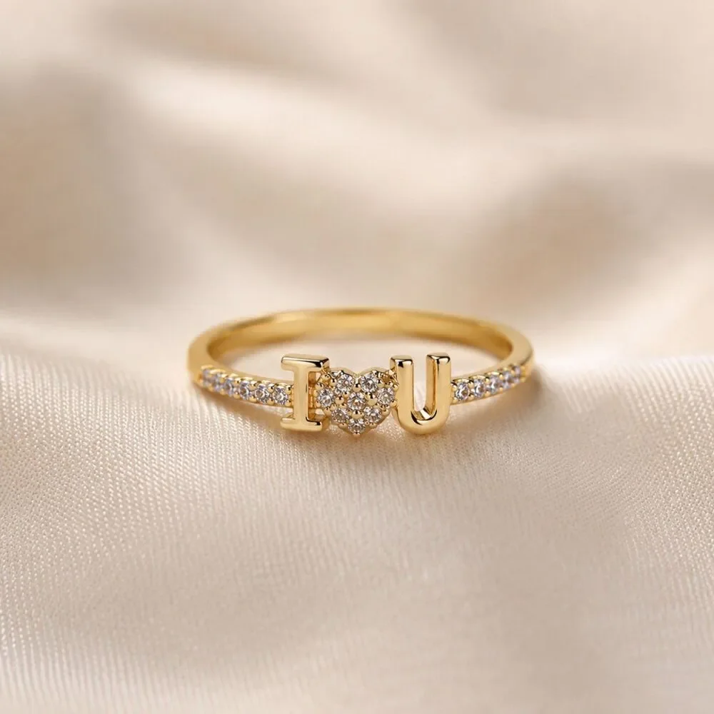 Gold Tone I Love You Heart CZ Ring Size 8, Cubic Zirconia Promise Ring